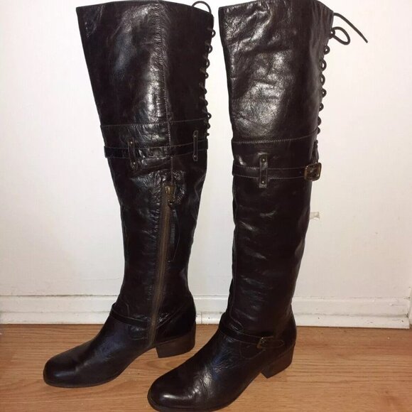 POUR LA VICTOIRE-Victorella-Over Knee Boots-Dk Brown Leather-Sz 7.5-Excellent - Picture 1 of 7